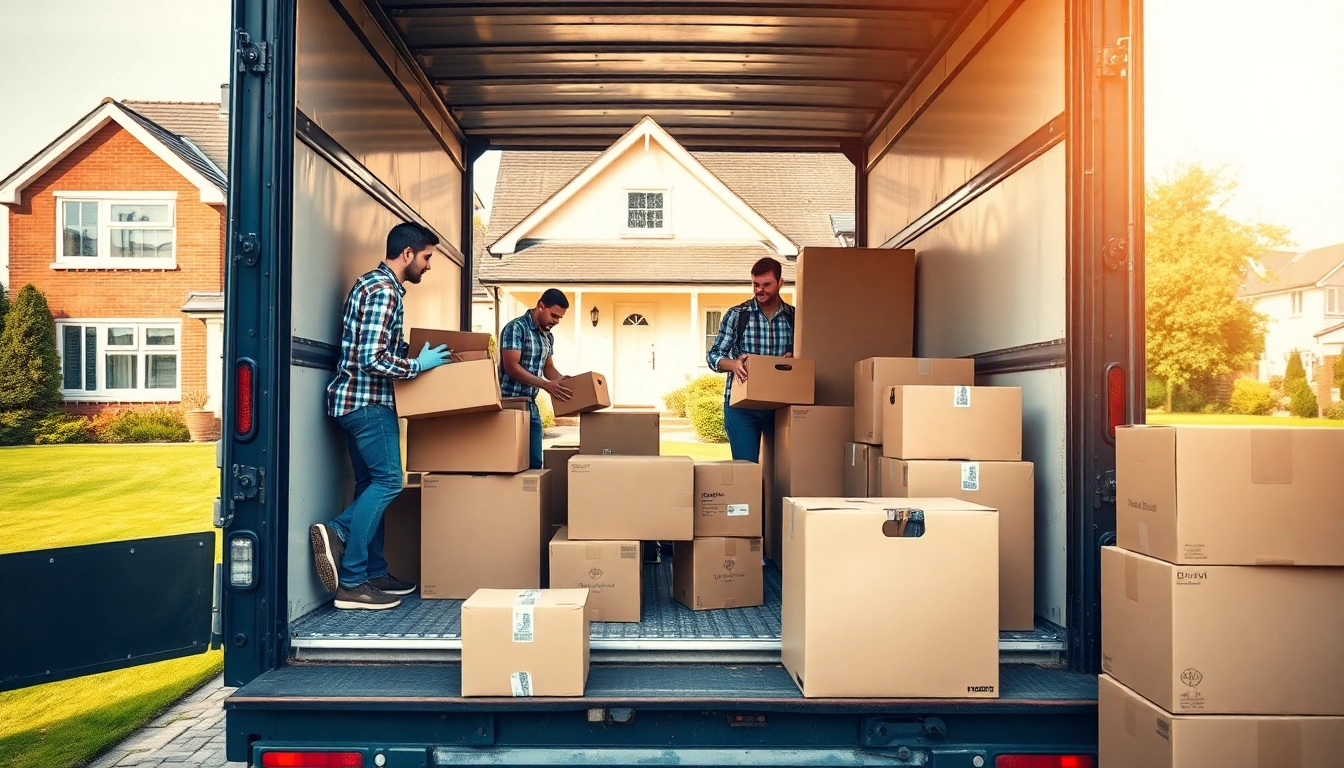 Efficient removals near me team loading a moving truck in a sunny suburban area.