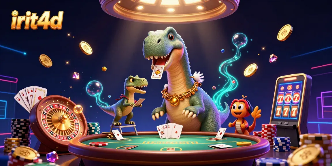 Experience the excitement of irit4d with a vibrant casino scene featuring a towering brontosaurus and dynamic gameplay elements.