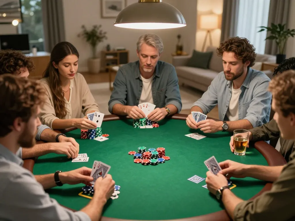 Okwintv users enjoy a competitive poker night with friends, showcasing strategy and camaraderie.