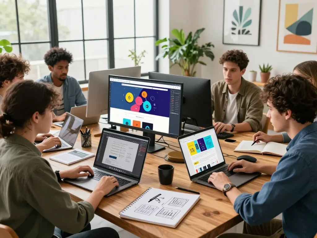 Collaborative freelance web design team in modern studio enhancing website designer near me services.