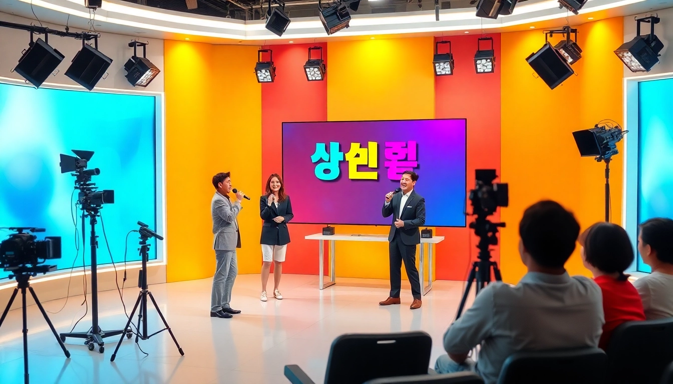 위키티비 방송 중 진행자와 다채로운 스튜디오를 보여줍니다.