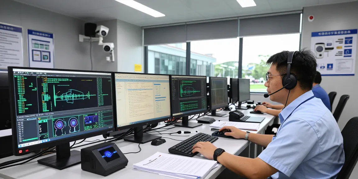 Technician monitoring security systems for shs-dome5.com in a high-tech control room.