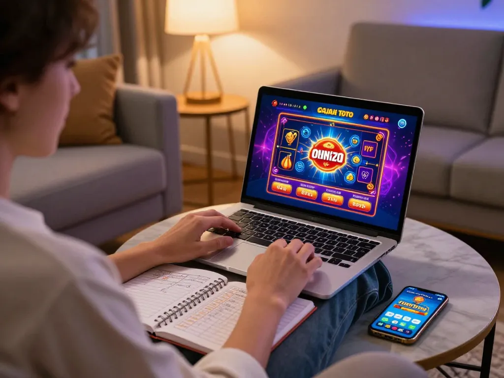 Engaging in Gajah Toto online casino from a cozy home setup with laptop and betting notes.