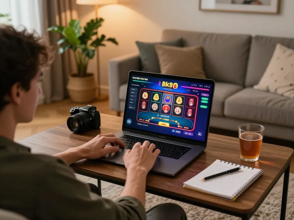 Engaged player using bk8 online casino platform on a laptop in a cozy home environment.