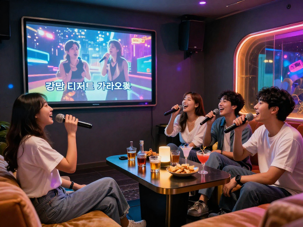 디저트 가라오케에서 친구들과 함께 즐거운 노래를 부르는 모습