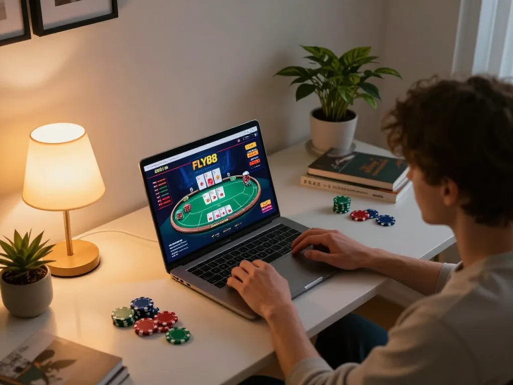 Engaging online gaming experience with FLY88 on a laptop in a cozy home setting