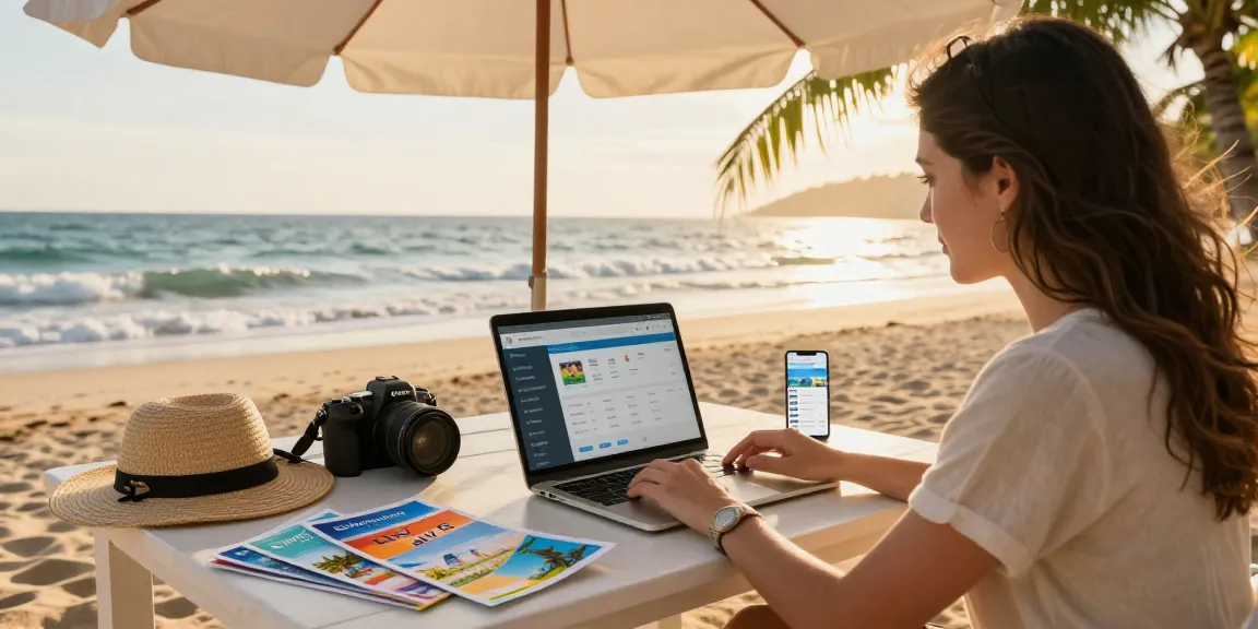 Travel advisor using host agency software on a laptop at the beach, surrounded by travel brochures and essentials.