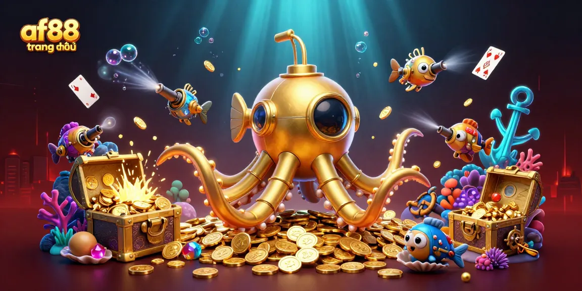 Playing exciting games at af88 trang chủ with golden kraken and treasure-filled underwater scene