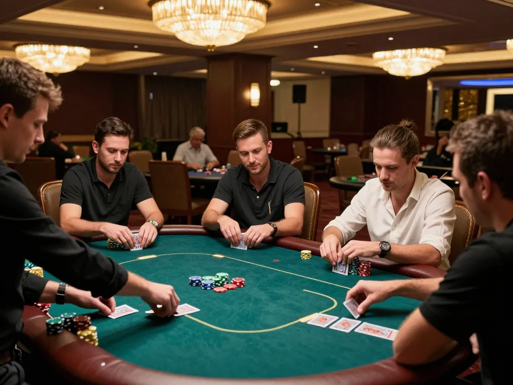 Players strategizing and placing bets at VIPWIN poker table in elegant casino setting.