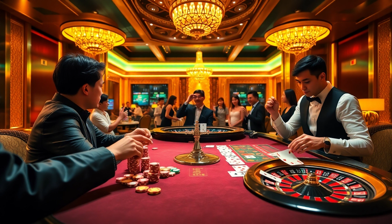 Engaging players in a k9k9 game at a stylish casino, highlighting excitement and winnings.