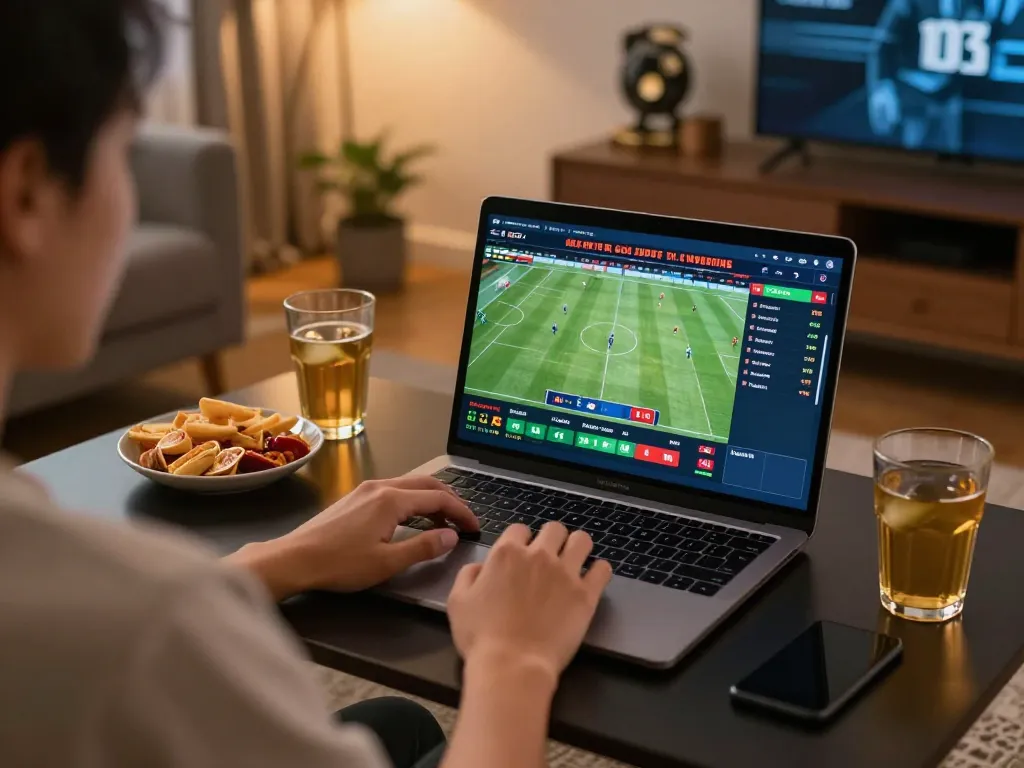 Engaging in live sports betting, showcasing a deposit 1k strategy and cozy home atmosphere