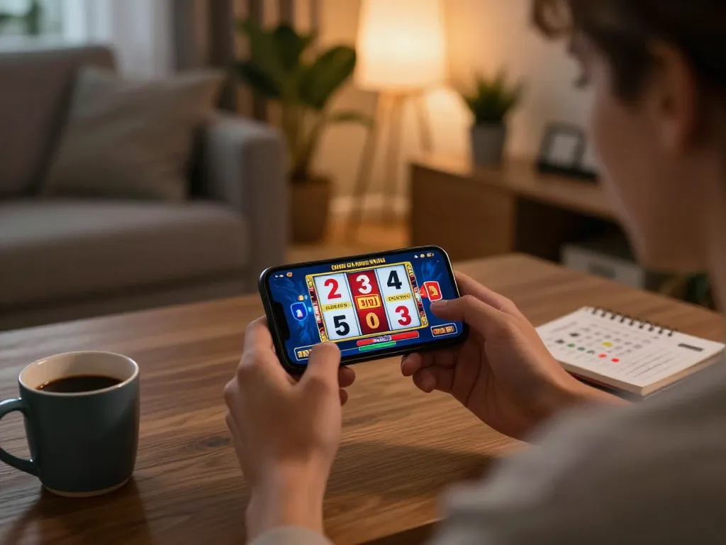 Cách Nổ Hũ Thắng Lớn: Engaging mobile gaming scene with player focused on slot machine reels