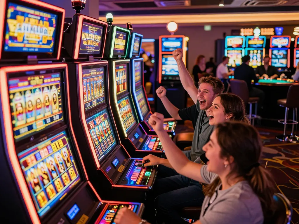 Players celebrating wins at slot777 machines in a lively casino environment filled with neon lights