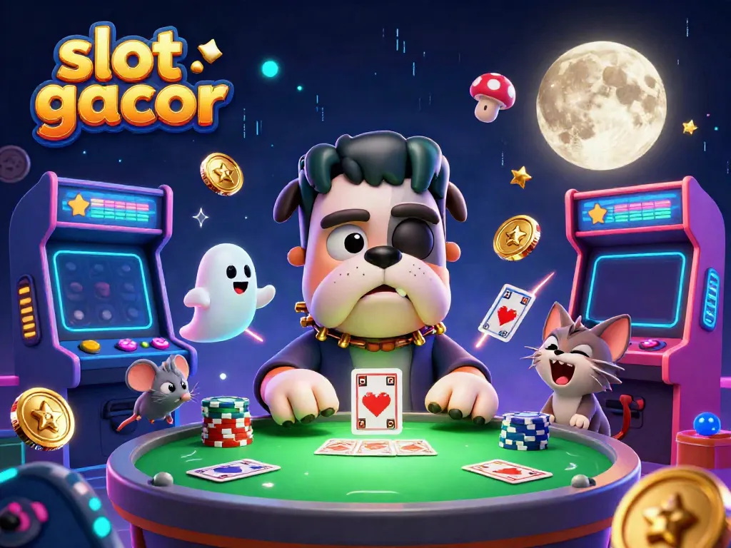 Visualisasi slot gacor yang menampilkan karakter kartun unik dan elemen permainan kasino yang menarik.
