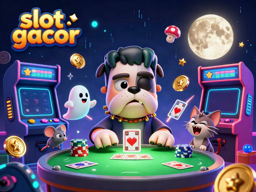 Visualisasi slot gacor yang menampilkan karakter kartun unik dan elemen permainan kasino yang menarik.