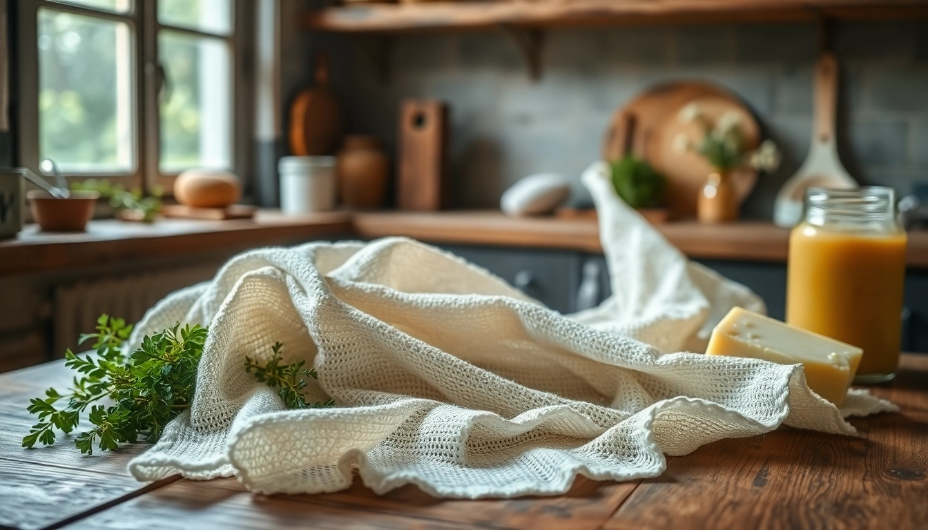 Kaasdoek gebruikt in een rustieke keuken voor het maken van kaas.