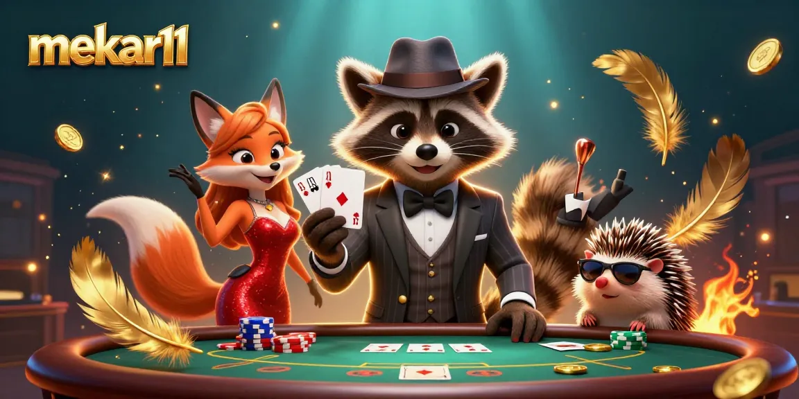 Experience mekar11's vibrant poker scene with raccoon and fox characters amidst a dynamic casino atmosphere.