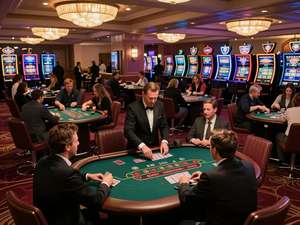 hnoslara players enjoying a thrilling blackjack game with active dealer, vibrant casino atmosphere
