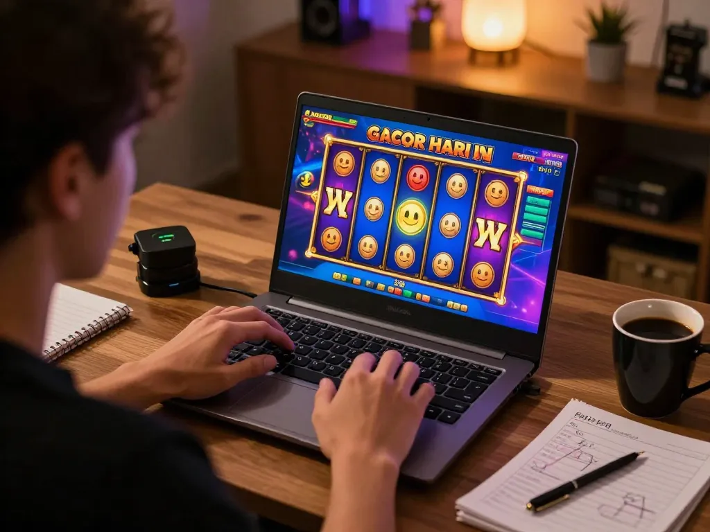 Engaging in slot gacor hari ini gameplay on a laptop in a cozy home workspace