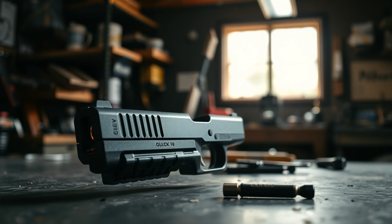 Showcase the Glock 19 Gen 3 OEM Slide emphasizing its features and craftsmanship on a workbench.