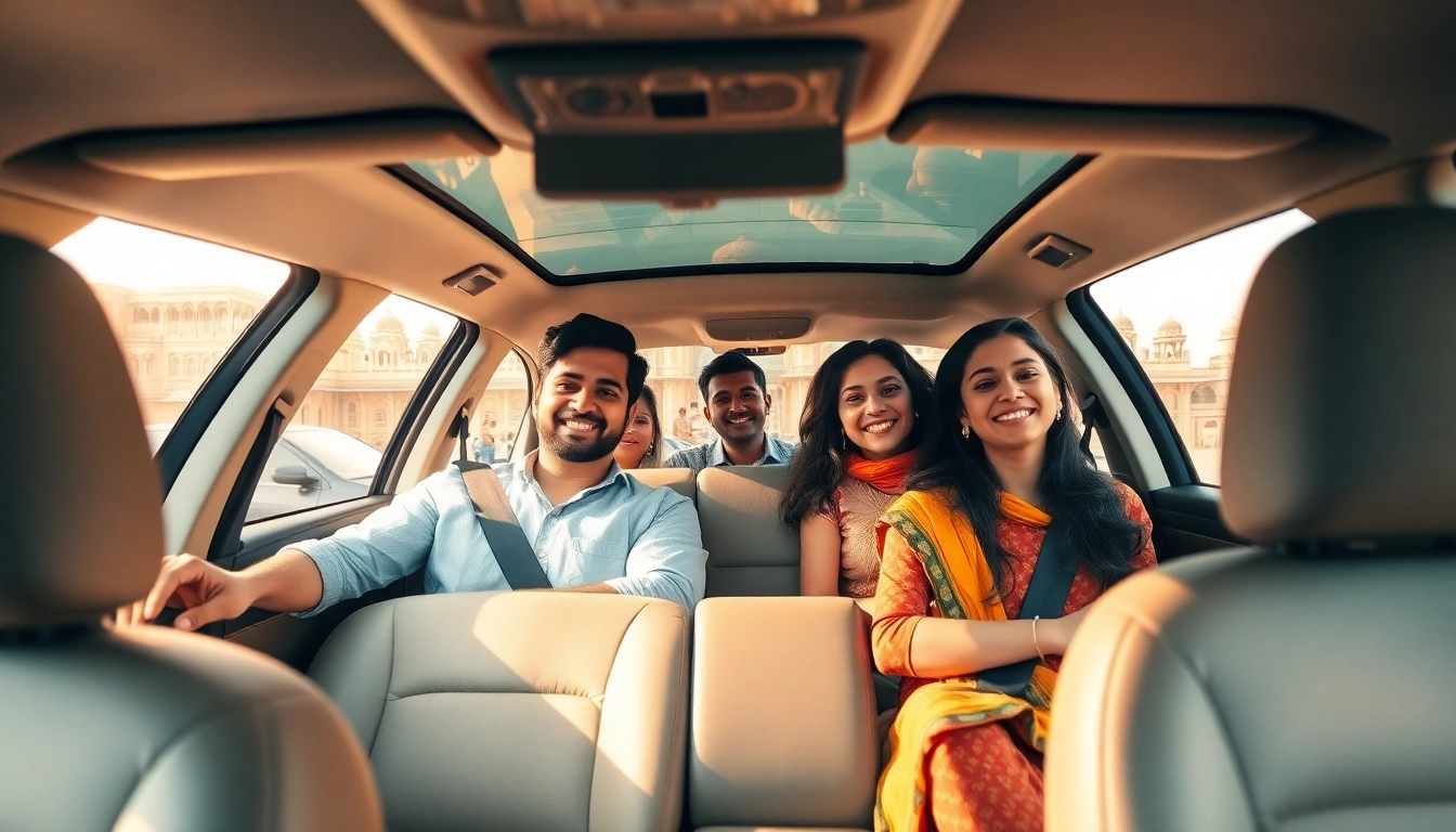 Jaipur Taxi Service featuring a modern, clean taxi with happy passengers near a landmark.