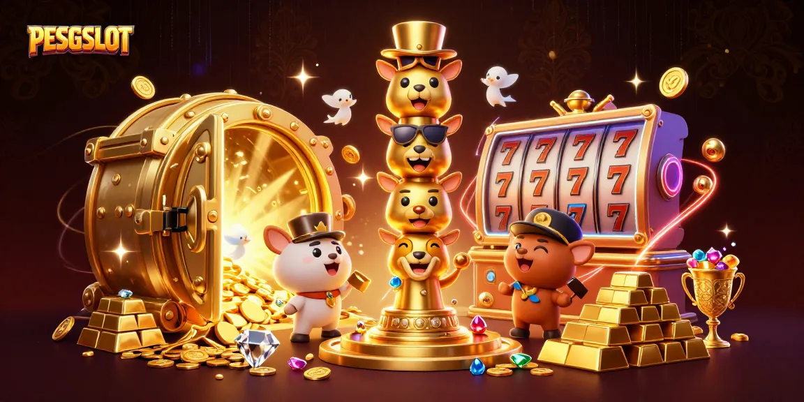 PESGSLOT menghadirkan ilustrasi dinamis dengan totem emas dan elemen kasino berkualitas tinggi, menyoroti pengalaman judi.