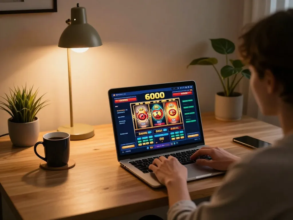 Engaging home gaming scene with a person playing slot6000 on laptop, enhancing responsible gambling.