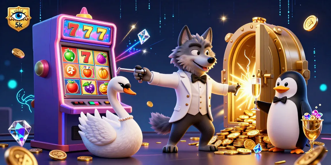 Engage with thrilling gameplay at slot depo 5k, featuring a lively 3D scene with a debonair wolf at a slot machine.