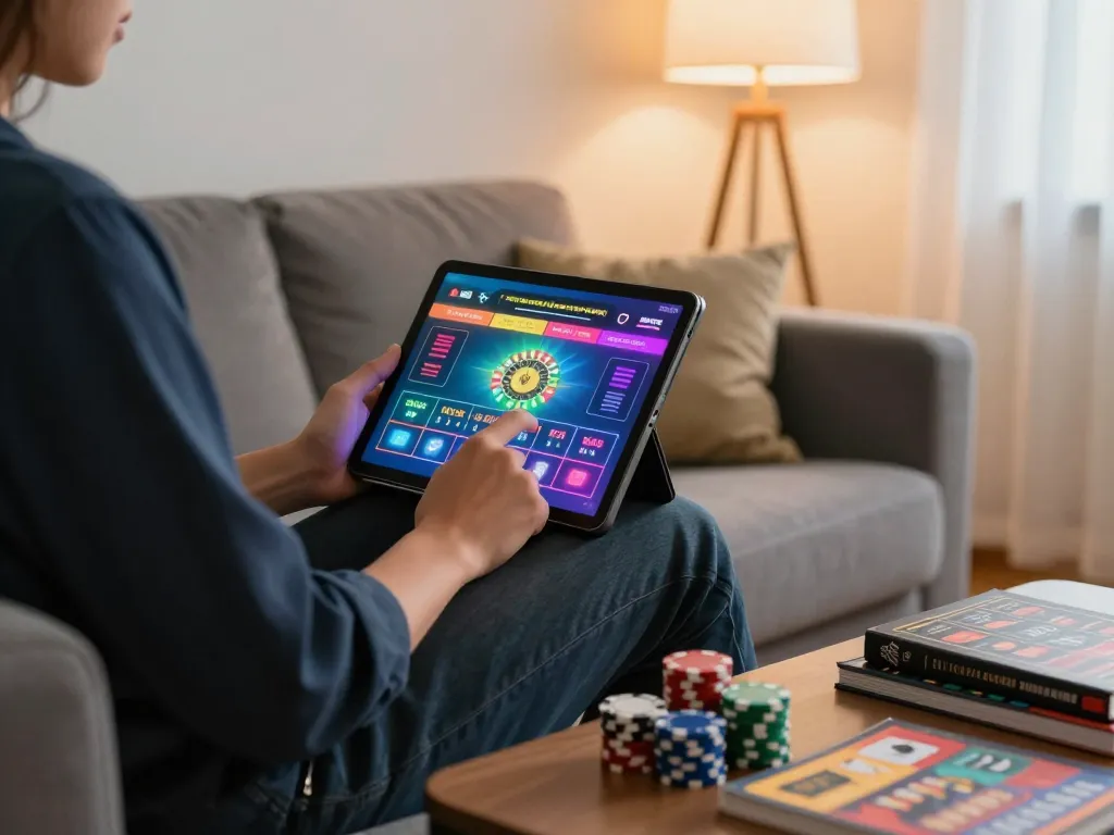 Engaging in online betting at UU88 with tablet showing roulette game interface