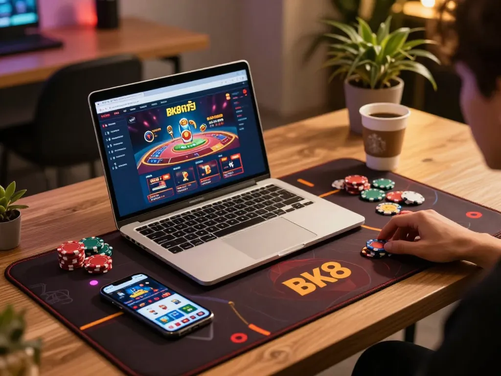 Experience bk8 เครดิตฟรี online gameplay with a modern gaming setup, featuring laptop and poker chips.