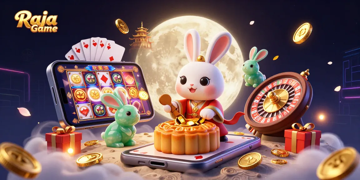Experience Raja Game excitement with a vibrant scene of a moon rabbit and rich casino elements.