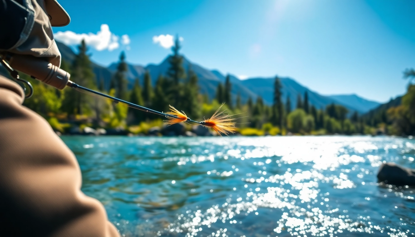 Shop unique fly fishing gifts showcased in a tranquil outdoor fishing scene.