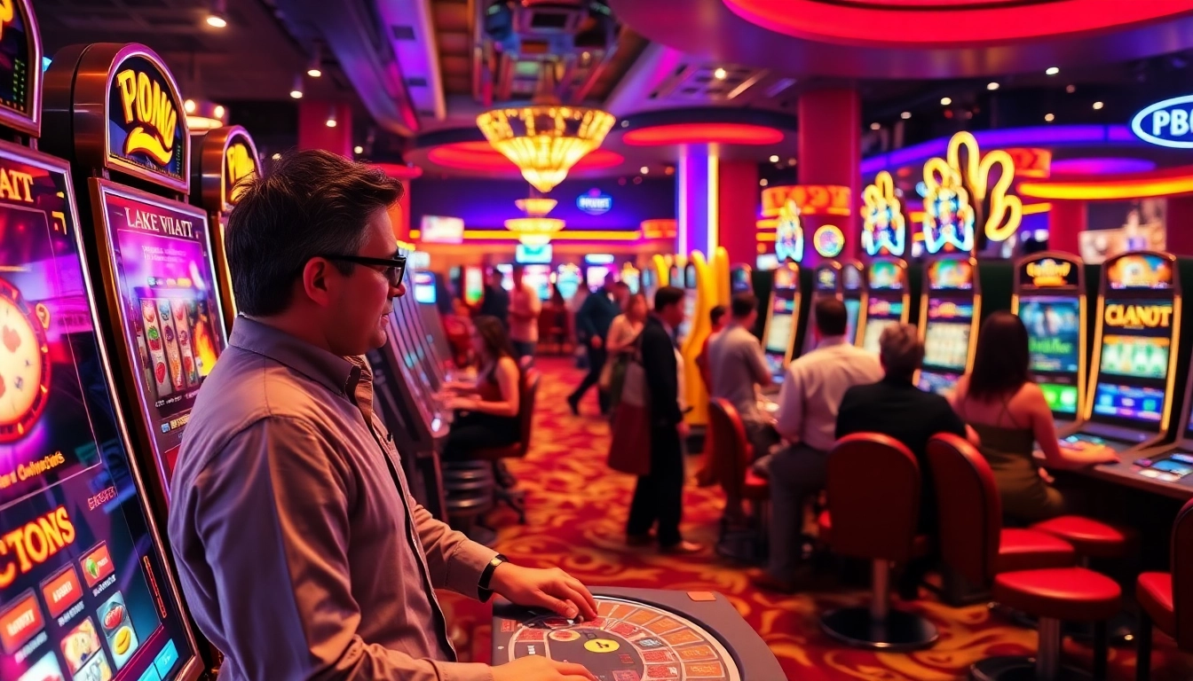 Pemain terlibat langsung dalam pg bet di kasino, menampilkan slot dan permainan meja yang seru.