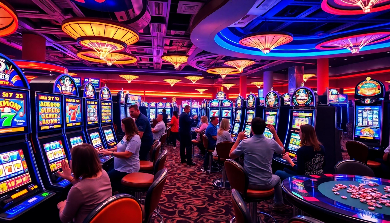 Slot gacor machines highlighted in a lively casino atmosphere filled with players and excitement.