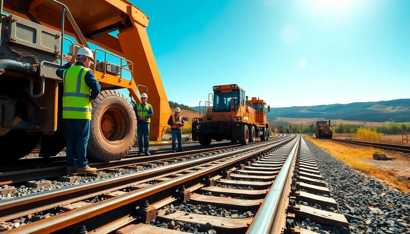 Railroad Track Construction Company showcasing an active construction site with engineers and machinery.