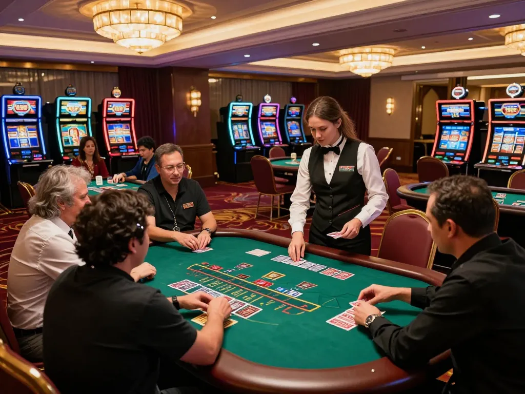 Engaged players enjoying blackjack at ONE88.COM, with a focused dealer managing the cards in a luxury casino environment.
