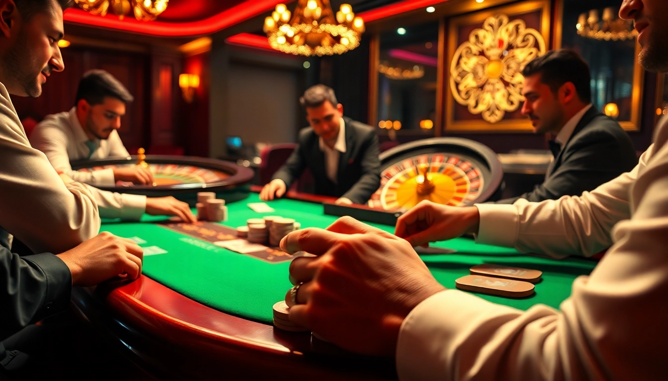 Players engaging in strategic gameplay at the casino table featured on https://rr88.navy/, showcasing vibrant poker chips and intense focus.