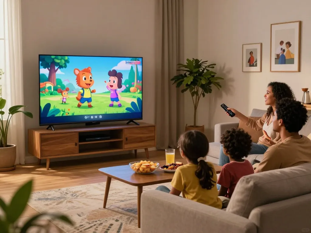 Gezin kijkt naar IPTV Nederland op Smart TV tijdens filmavond, gezellige woonkamer met snacks en warme verlichting.
