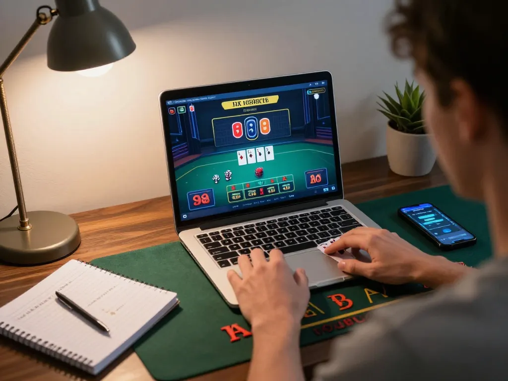 Engaged player using thabet for live dealer blackjack in a cozy home setting with strategic notes visible.