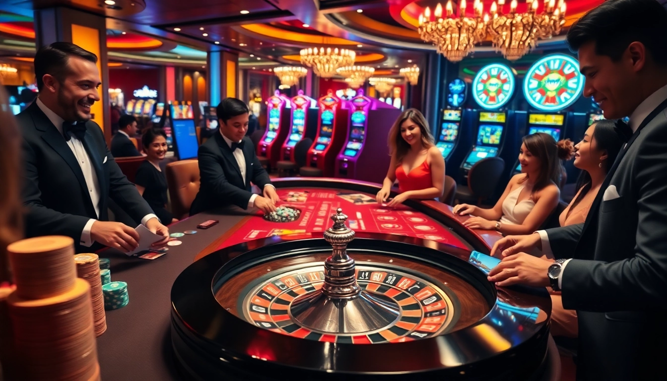 Engaging scene at a luxurious casino showcasing nhà cái s8 games with vibrant roulette and players.