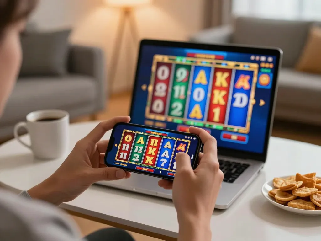 Player spinning slot reels on smartphone during an exciting online gaming session.