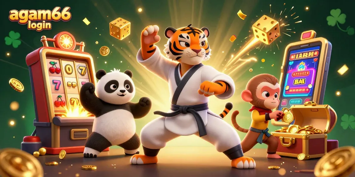 Experience the excitement of gambling with agam66 login as a panda mimics a kung fu master in a vibrant, dynamic casino scene.