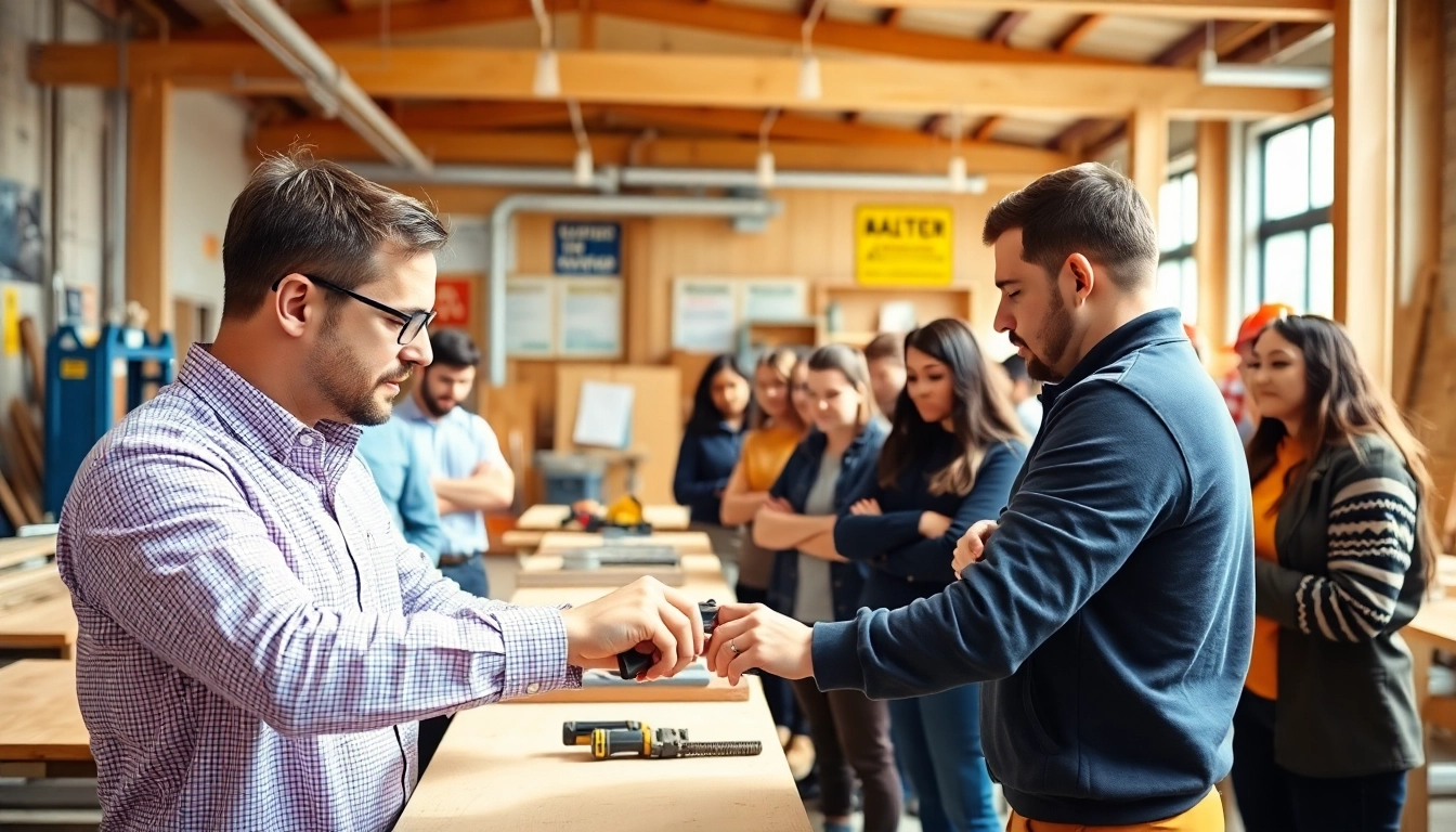 Engaged students in construction training workshop, learning hands-on techniques with expert guidance.