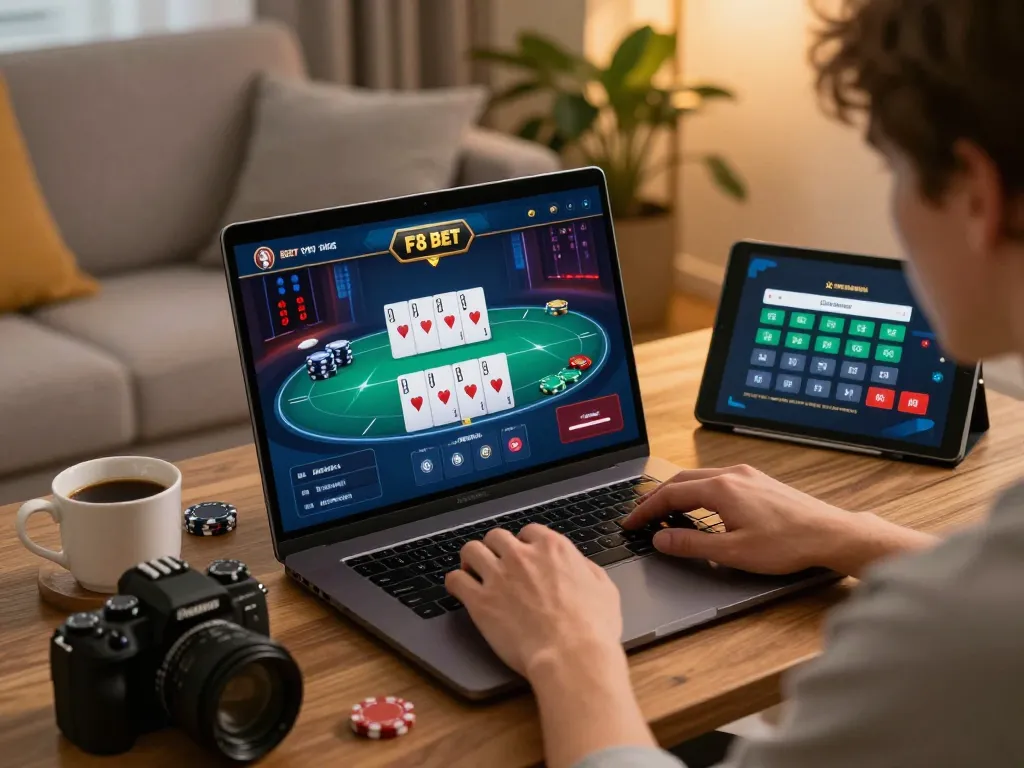 Engaged player experiencing F8 BET online poker in a cozy home setup, showing strategic gameplay.
