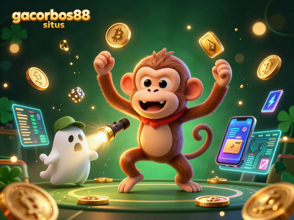 Engage with the lively scene of gacorbos88 situs featuring a mischievous monkey and ghost-hunter puppy in a haunted casino.
