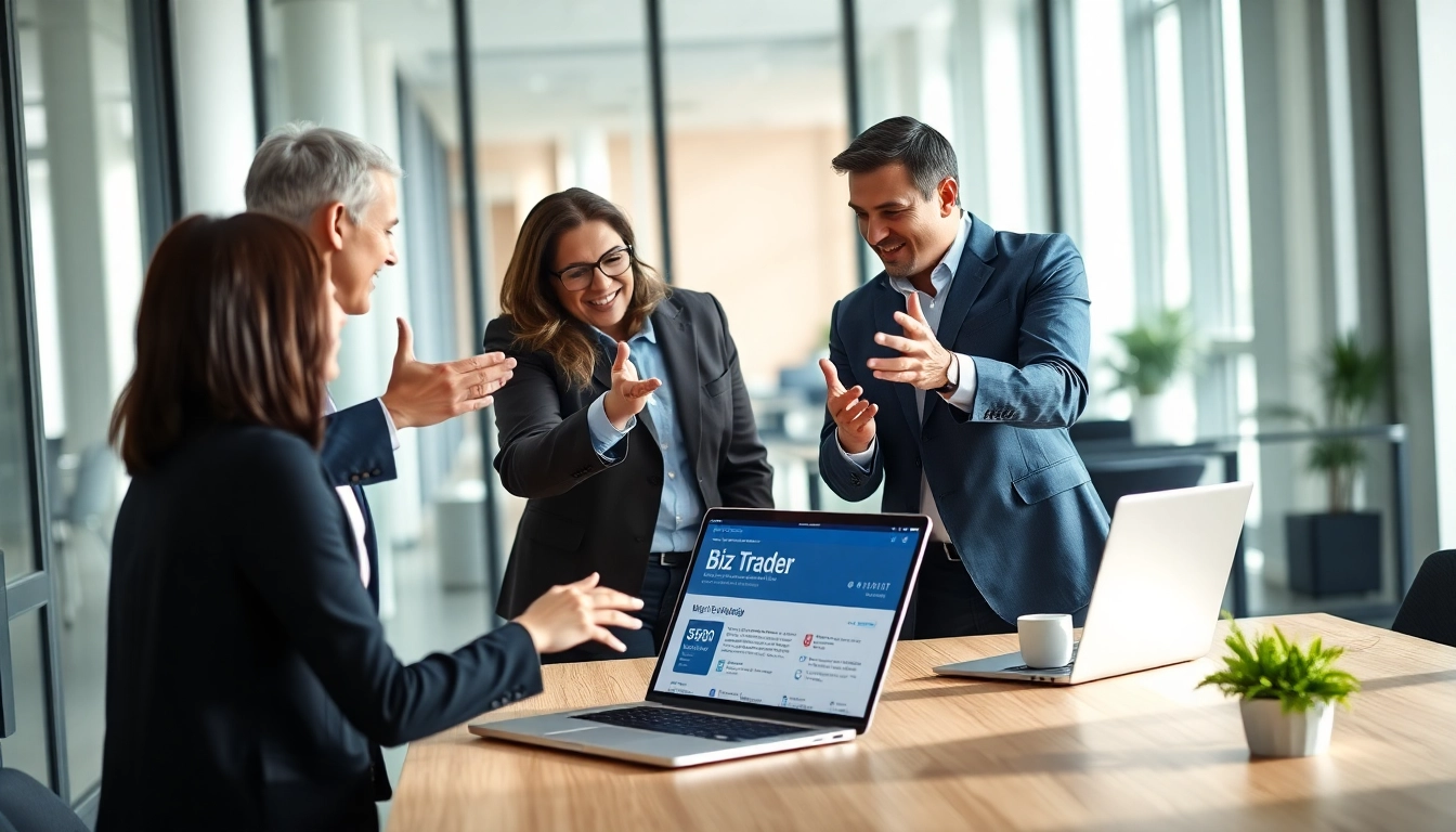 Engaging entrepreneurs discussing a Biz Trader business transaction in a modern office.