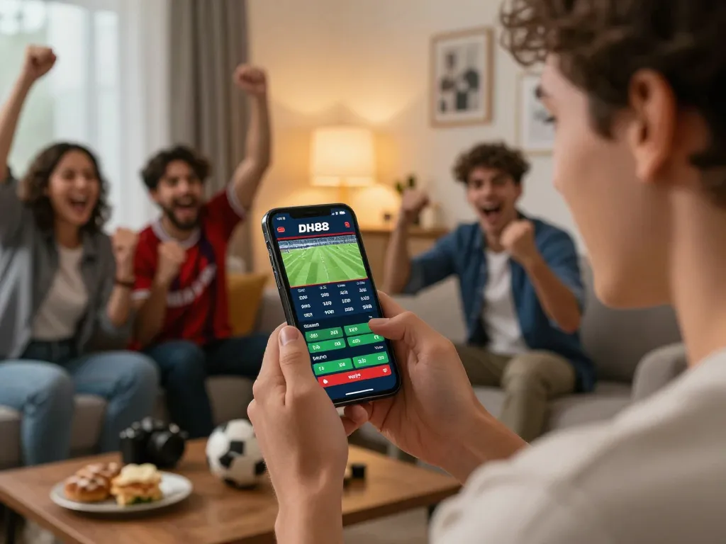 Betting with DH88 app during an exciting live match, showcasing smartphone interaction and vibrant atmosphere.