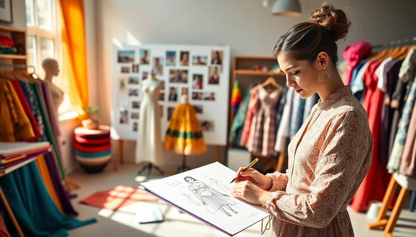 Fashion designer creating a gown with colorful fabrics and a mood of creativity.