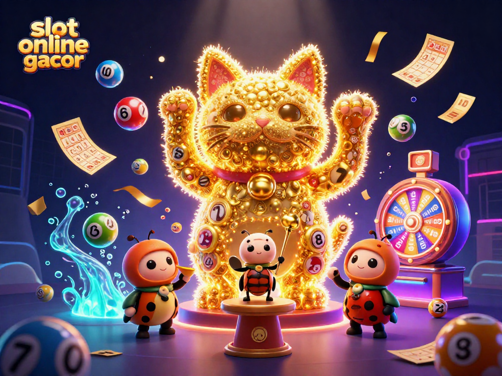 Membuka slot online gacor dengan simbol keberuntungan dan bola lotere yang ceria.