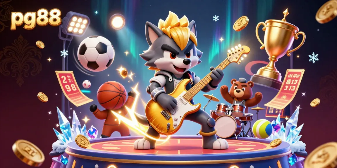 Experience thrilling gaming action at pg88 with cartoon rock star wolf, drummer bear, and vibrant casino elements.
